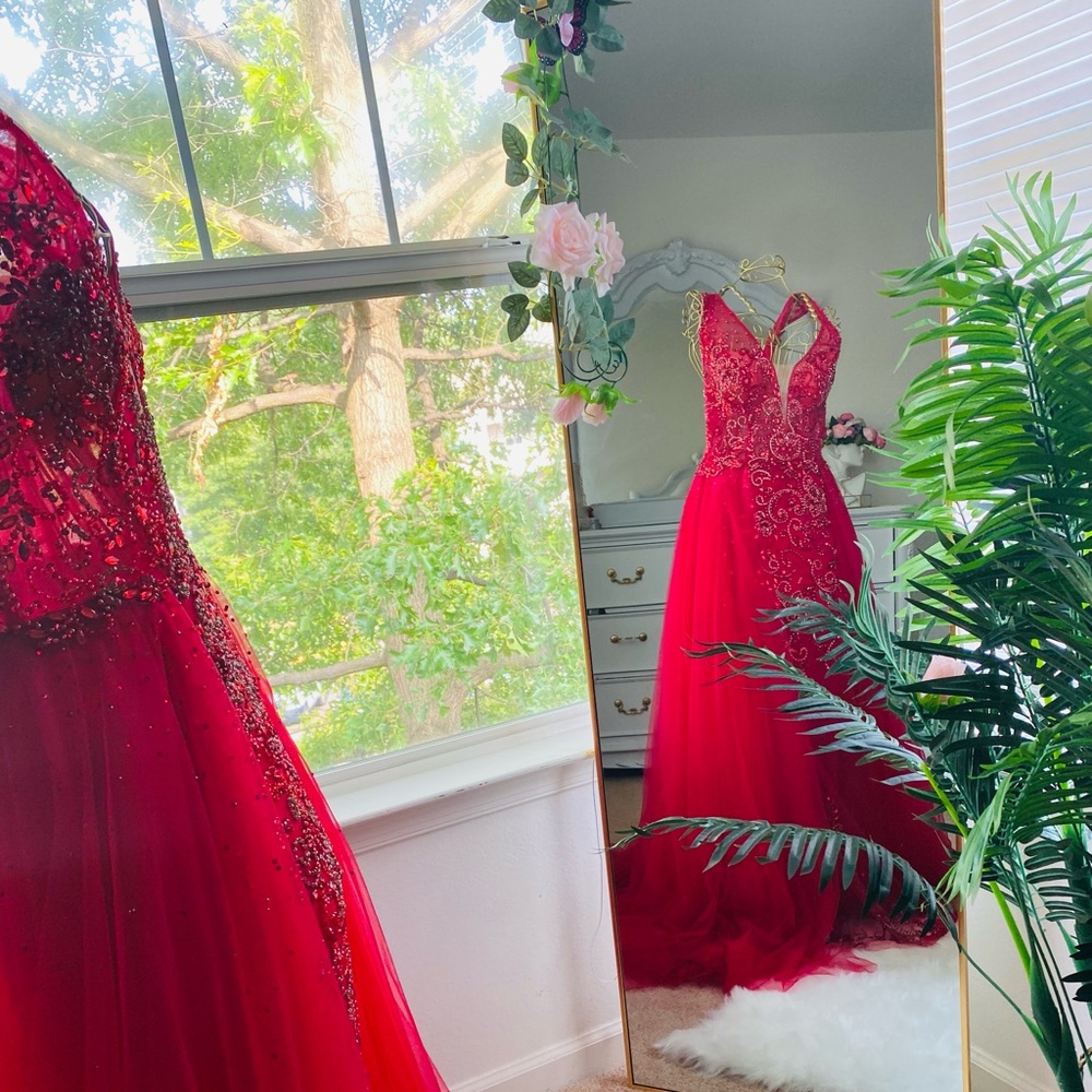 Red V neck ,over skirt gown, occasions long dress